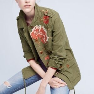 Anthropologie Olive Utility Cotton Jacket with Floral Embroidery Sz XS